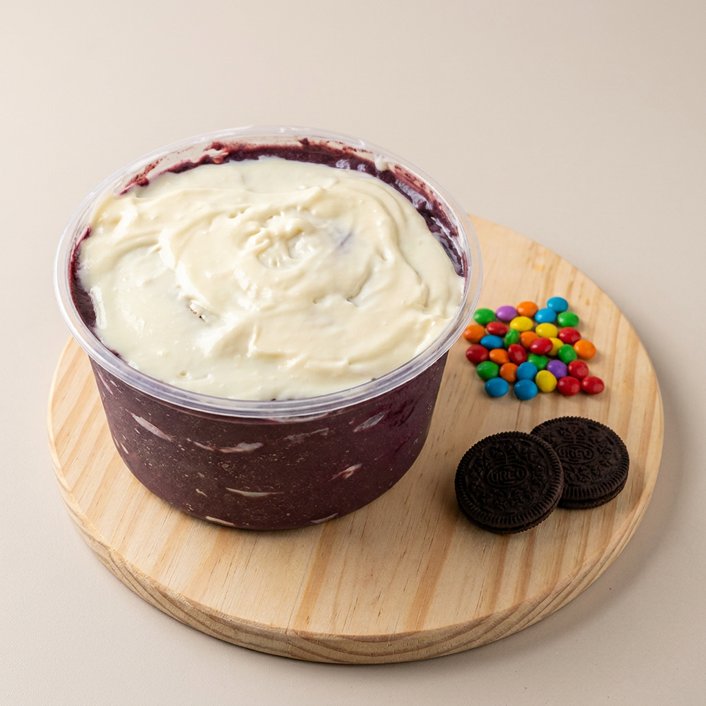 Pote de 1 litro de açai com Creme de Leite Ninho (Açai artesanal sem corante e conservante) Pote contendo 1 litro de açai e cerca de 150ml de creme de leite Ninho. (Obs: adicionais para este item deve ser adquiridos a parte). (Imagem ilustrativa)