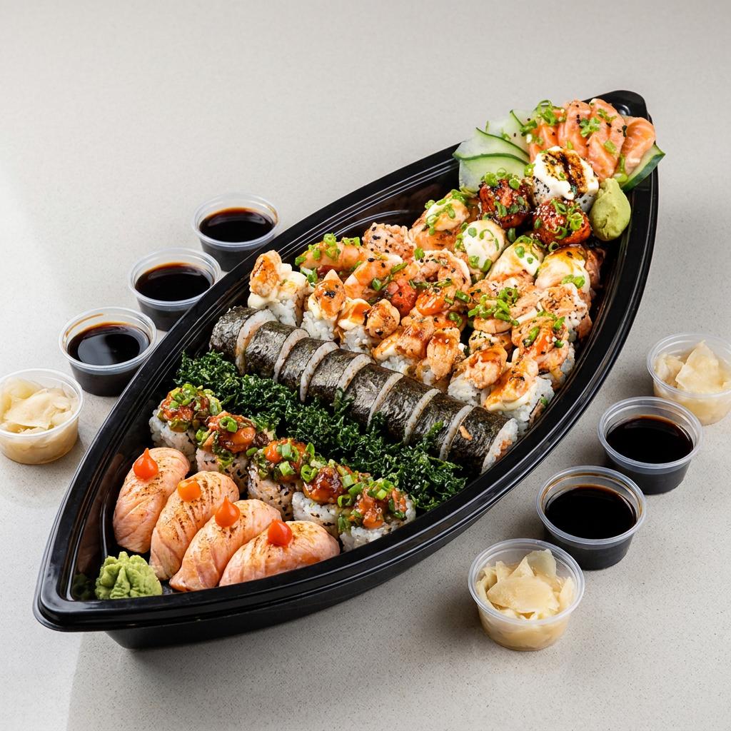 5 sashimi salmão maçaricado, 5 dyo camarão maçaricado, 5 Uramaki salmão, 5 shake couve, 5 hot roll, 5 Philadelphia maki, 5 niguri salmão maçaricado e 5 shake pimenta biquinho.