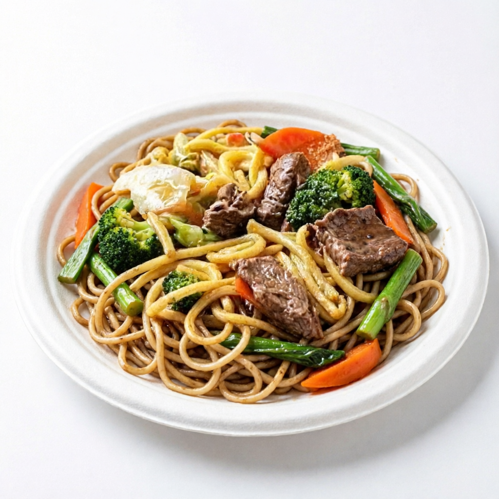 Macarrão salteado com legumes fresco e carnee molho especial de Yakisoba.