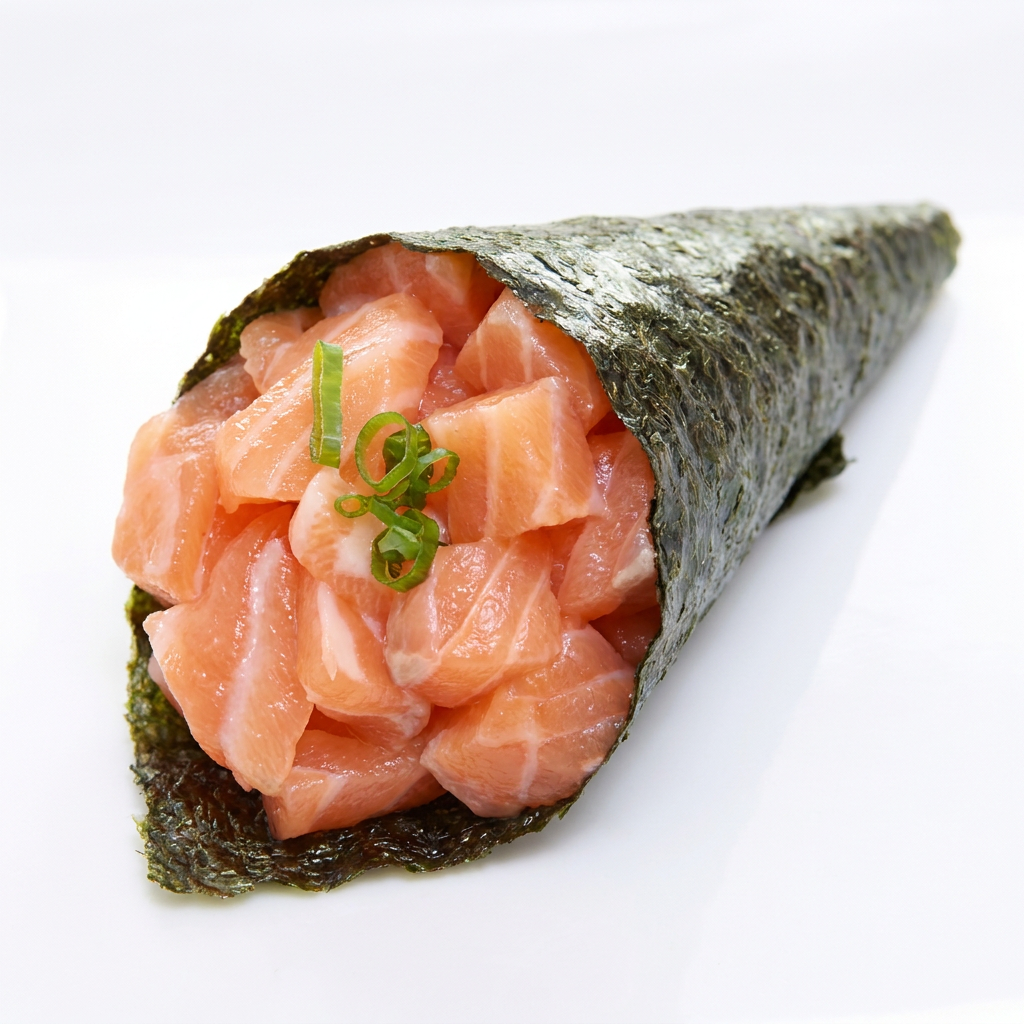 Temaki de salmão fresco cone de alga crocante recheado com arroz japonês e generosos pedaços de salmão fresco, finalizando com cebolinha.