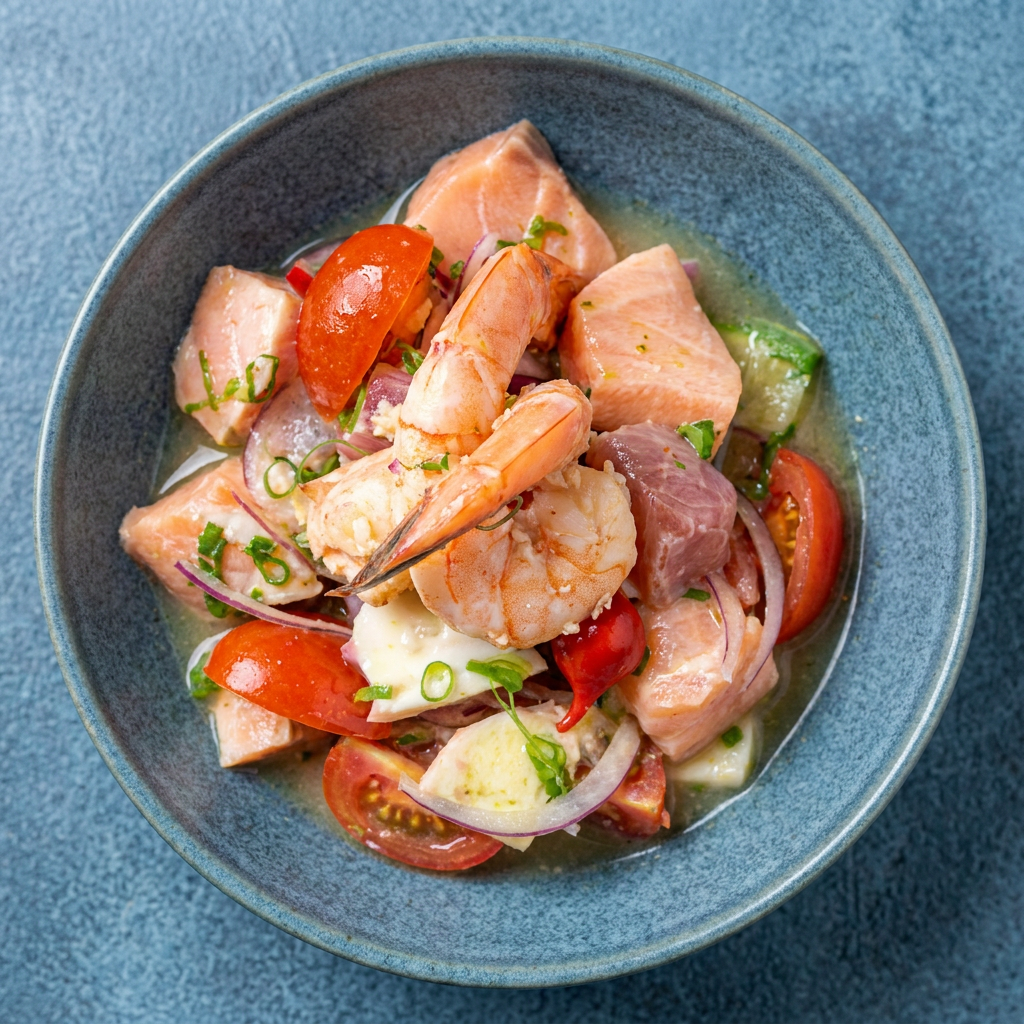 Ceviche de salmão e camarão, marinados no limão e temperados com cebola, cebolinha leve, refrescante e cheio de sabor.
