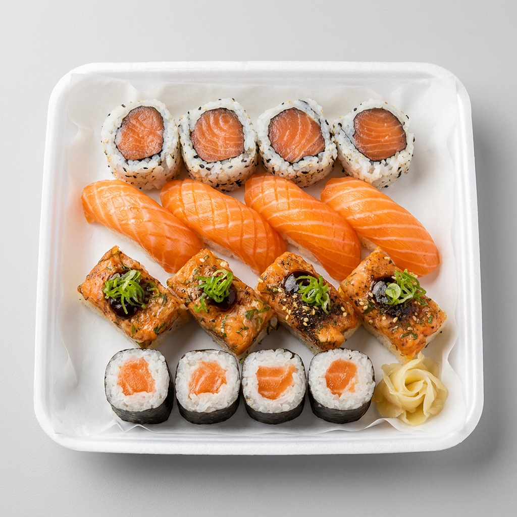 4 uramaki de salmão, 4 niguiri de salmão, 4 baterá de salmão, 4 hosomaki de salmão.