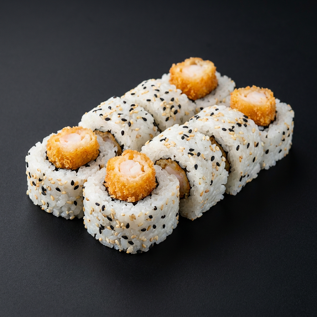 8 peças de uramaki com camarão empanado e frito crocante, arroz japonês, alga marinha, finalizado com teriyaki.