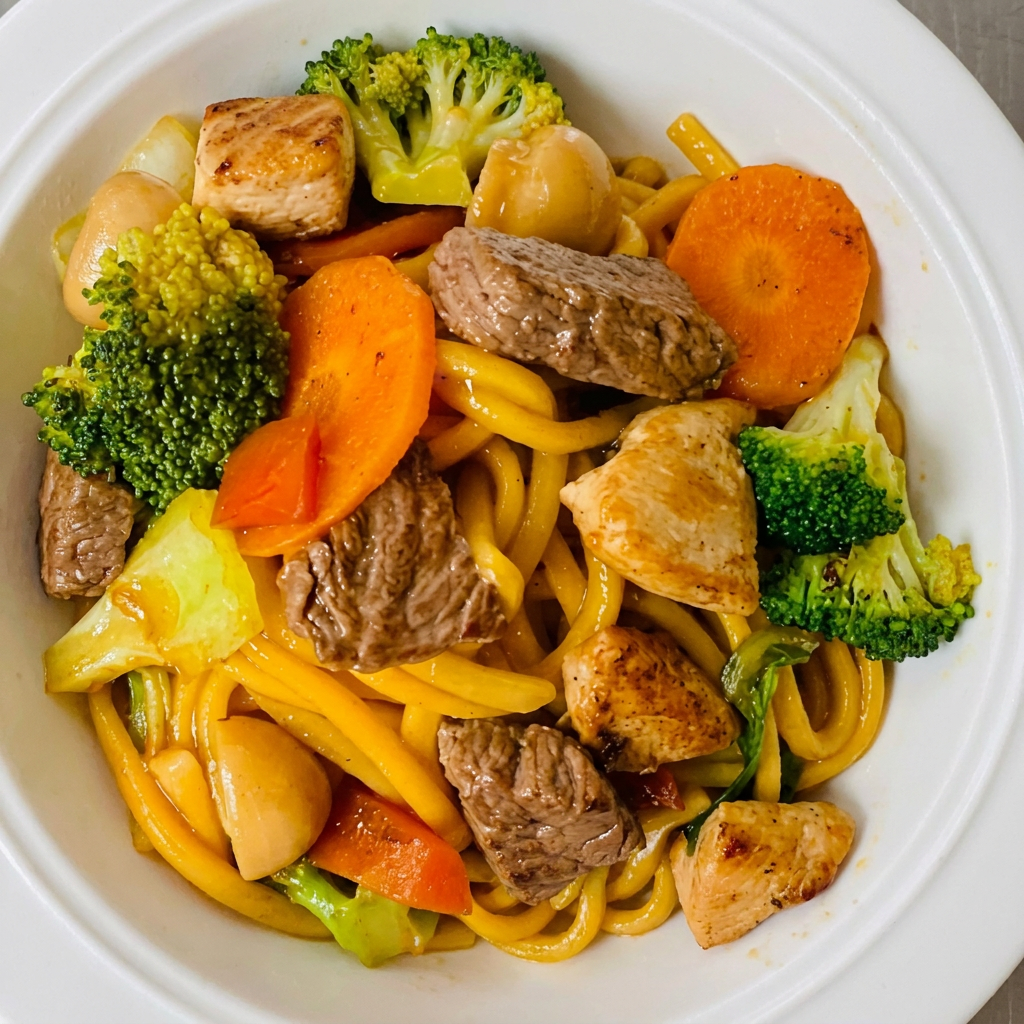 Yakisoba misto macarrão salteado com carne, frango e legumes frescos finalizando com nosso molho especial de Yakisoba.