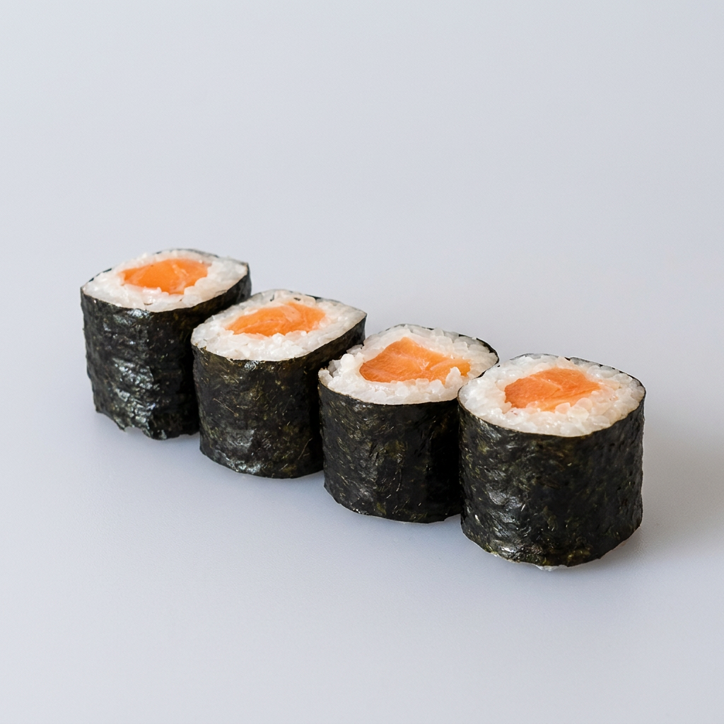 Arroz japonês temperado, envolto em alga nori e recheado com salmão fresco e cream cheese.