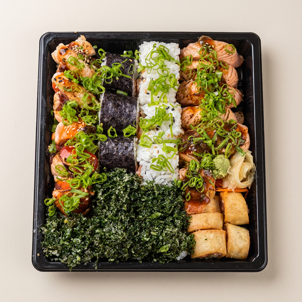 5 dyo camarão maçaricado, 5 Philadelphia ligth, 5 shake do chefe, 5 uramaki salmão grelhado, 5 shake pimenta biquinho e 5 hot roll.