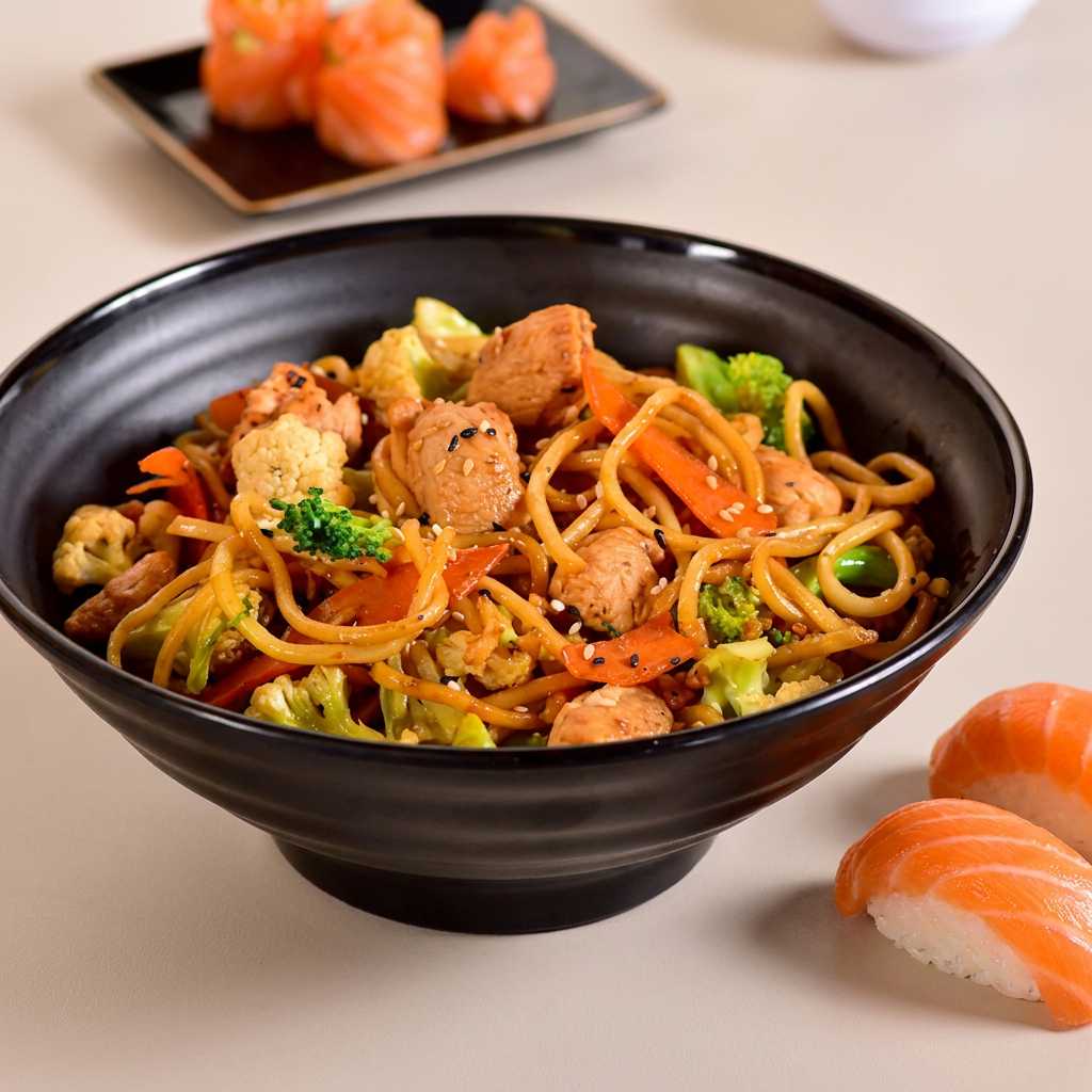 nosso yakisoba é refogado na mantega com cebola e alho, macarrão com brócolis, repolho roxo, repolho verde, cenoura e molho da casa, finalizamos com óleo de gergelim e cebolinha por cima