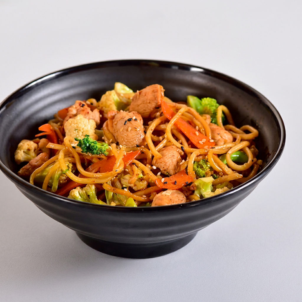 nosso yakisoba é refogado na mantega com cebola e alho, macarrão com brócolis, repolho roxo, repolho verde, cenoura e molho da casa, finalizamos com óleo de gergelim e cebolinha por cima
