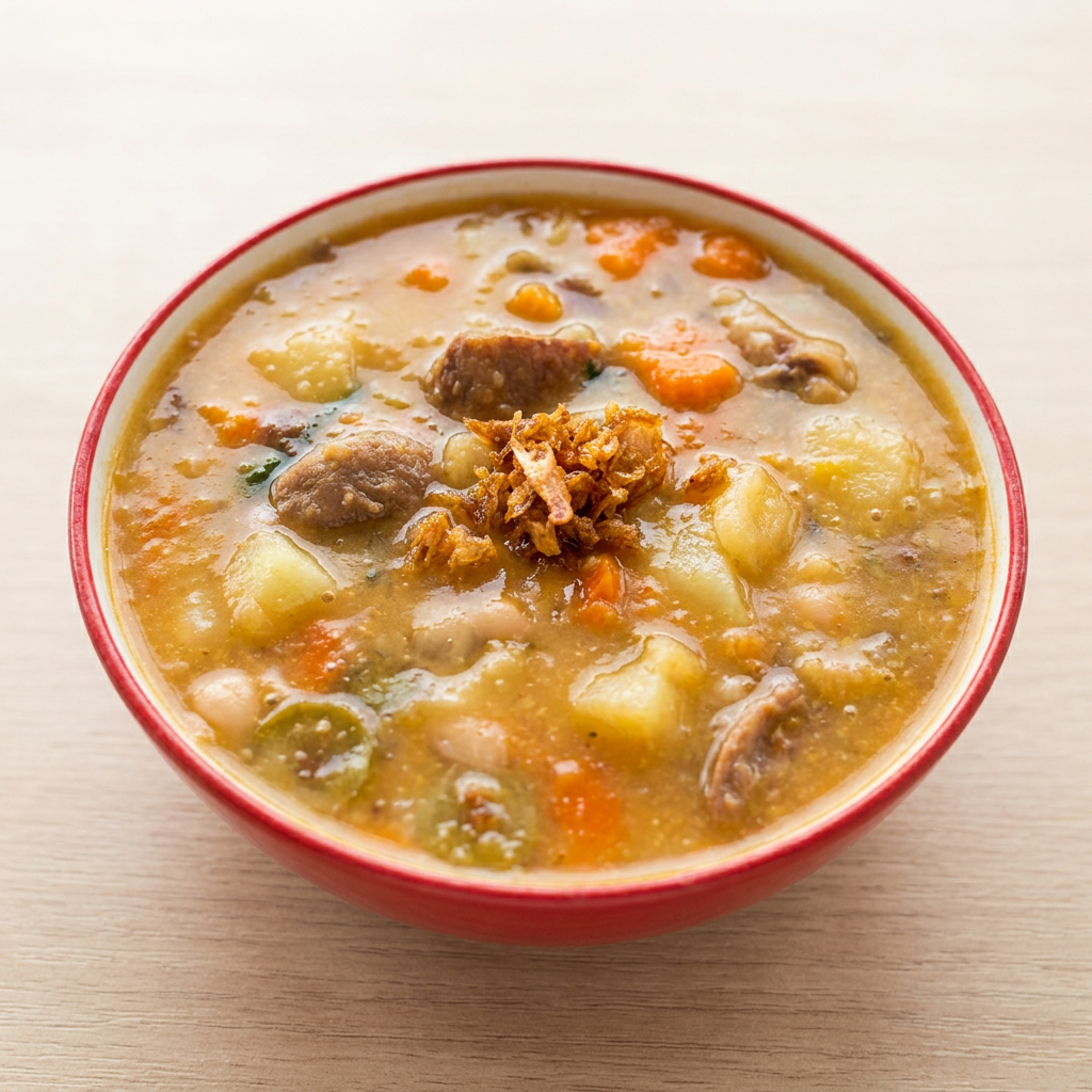mocotó ,feijão branco, bacon, calabresa , cenoura e batata