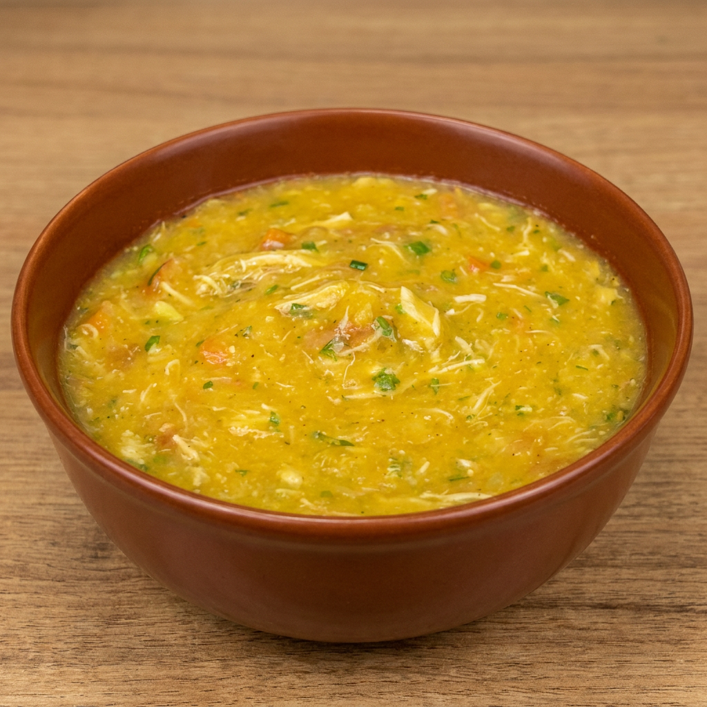 Caldo de aipim com frango desfiado e baicon 500 ml.