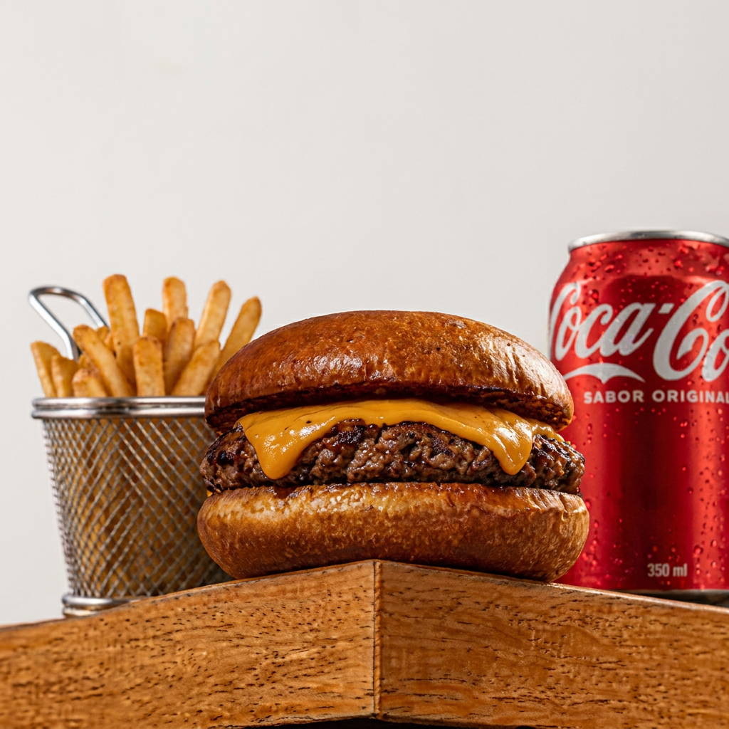 O verdadeiro Santinho do pau oco! Preparado com um pão brioche tostado e carne 150g grelhada ao fogo ardente com queijo cheddar e a nossa irresistível maionese caseira, acompanha batata fritinha e bebida à escolha.