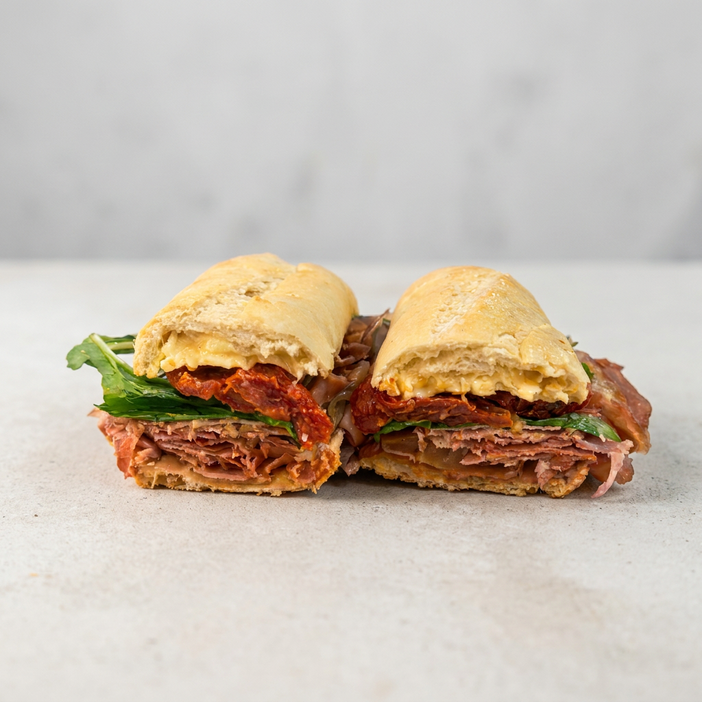 Sanduíche no pão com presunto parma delicado e levemente salgado, queijo brie cremoso e rúcula fresca que equilibra com um toque levemente amargo. Uma combinação clássica e sofisticada, que com sabores que se complementam perfeitamente.