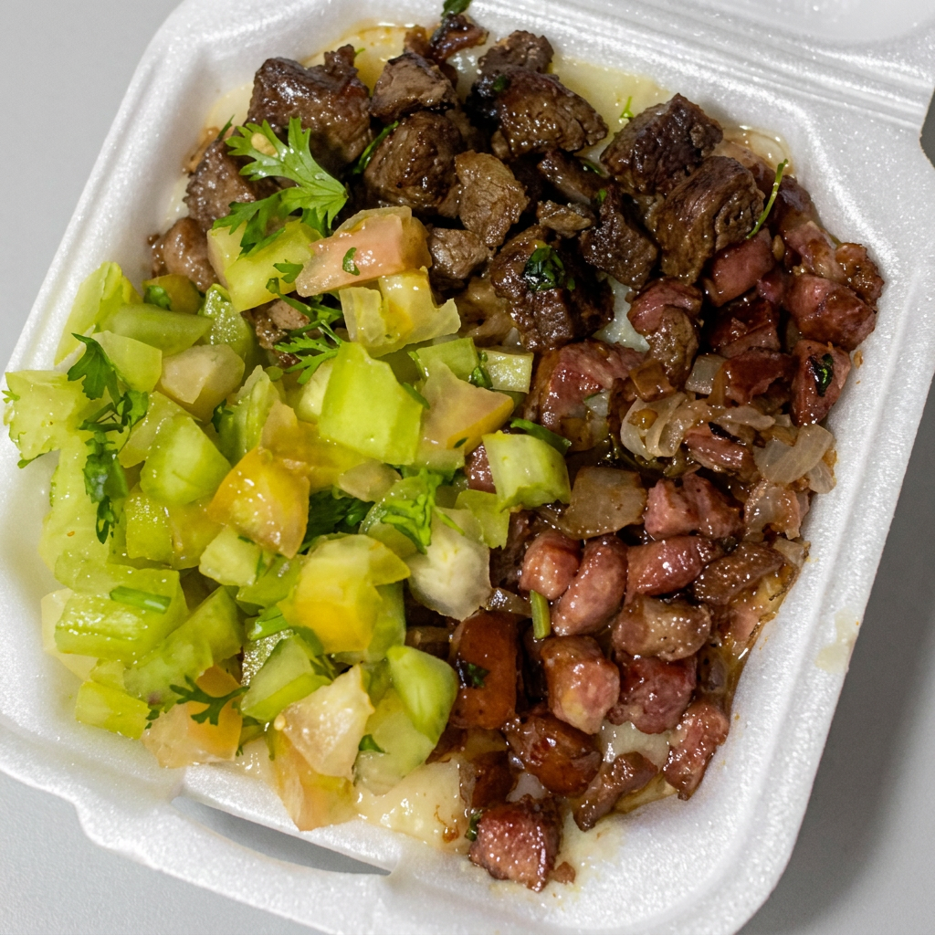 Creme de aipim com banana da terra, vinagrete, queijo coalho, batata palha e 800g de carne do sol.