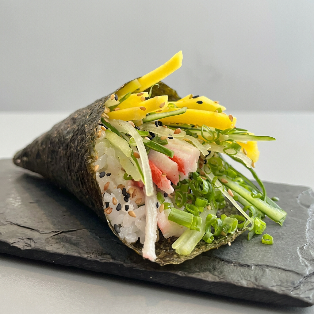 Delicioso temaki preparado com arroz, alga nori, kani, pepino e manga, trazendo uma combinação leve, fresca e levemente adocicada. Uma opção clássica e irresistível! 😋🥭🥒