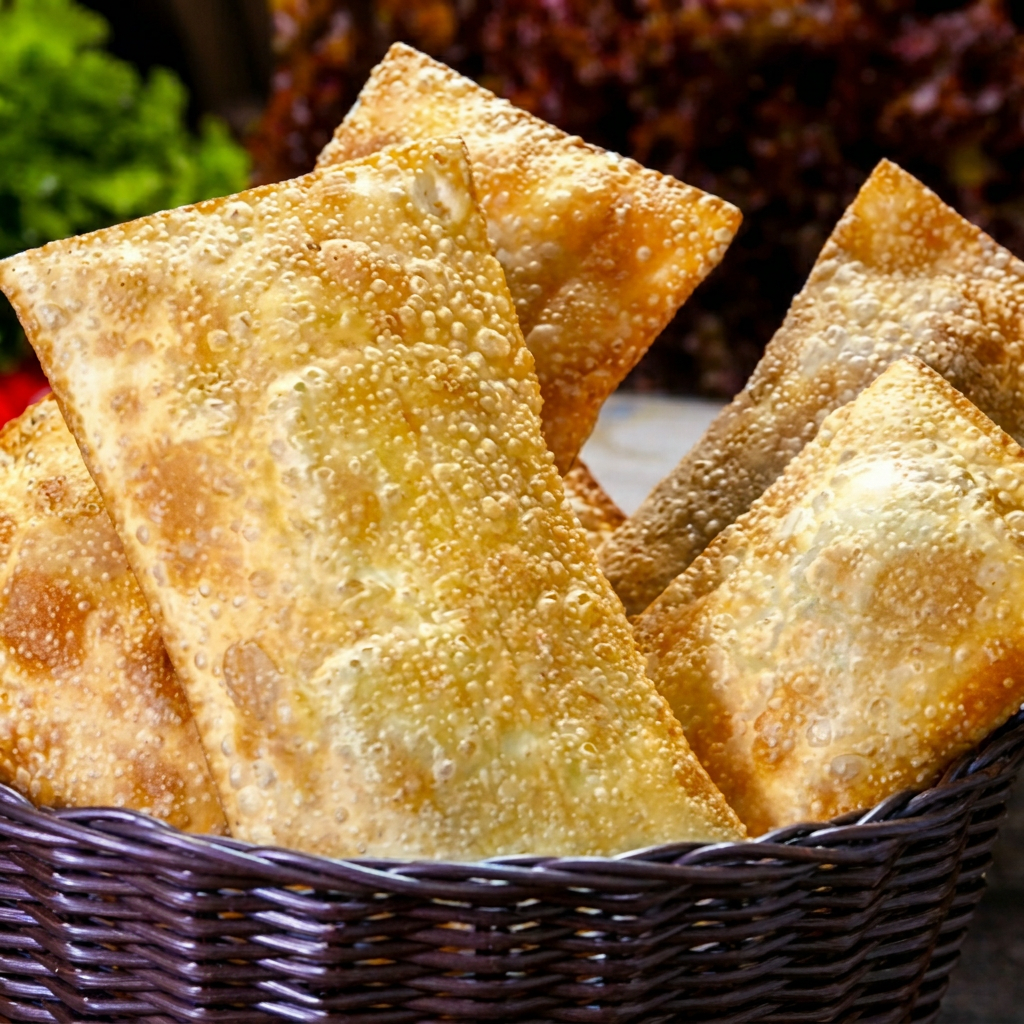 Pastel de calabresa, queijo, presunto, frango, carne moída, frango desfiado e bacon em cubos