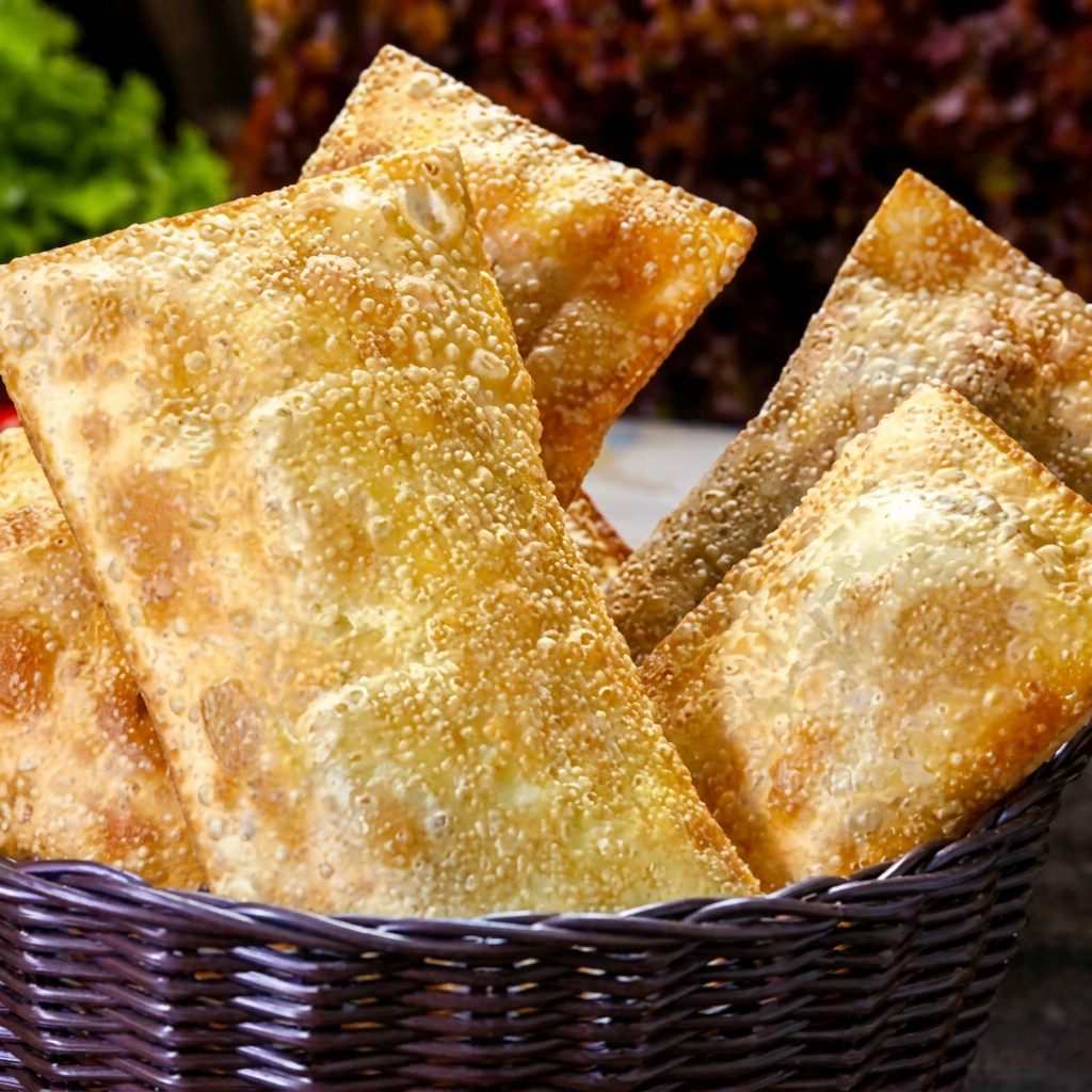 Pastel de carne do sol, cream chesse e queijo muçarela