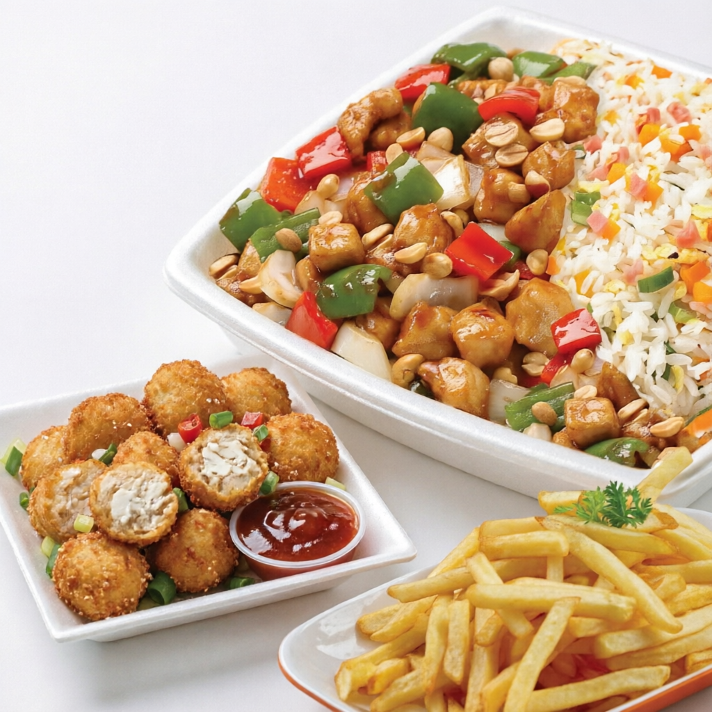 Nosso delicioso Frango Xadrez acompanhado de Arroz Chinês (o arroz não se mistura com o molho do frango xadrez, vem separadinho) porção office + Batata Frita + 4 unidades de Frango Empanado. Acompanha molho agridoce. Serve bem 1 pessoa.