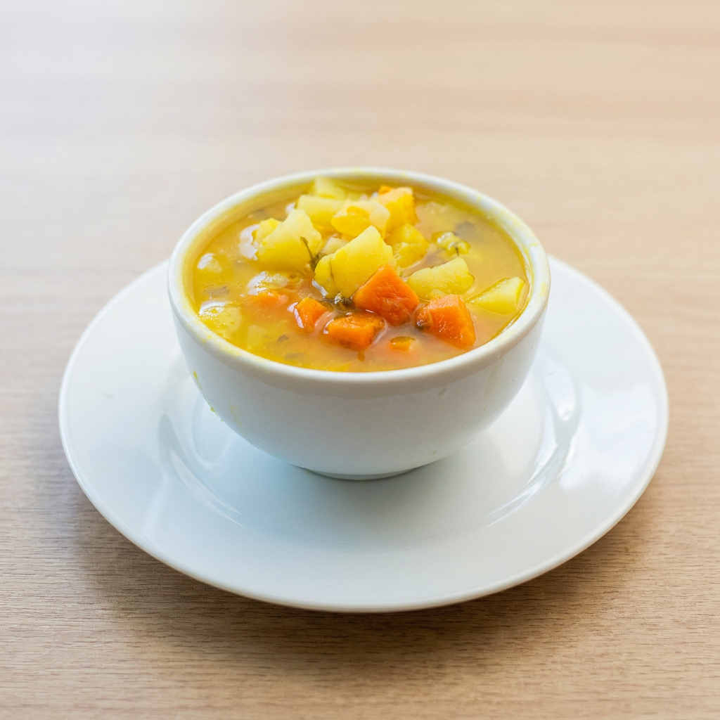 Sopa com batata, cenoura, mandioquinha com caldo de abóbora.