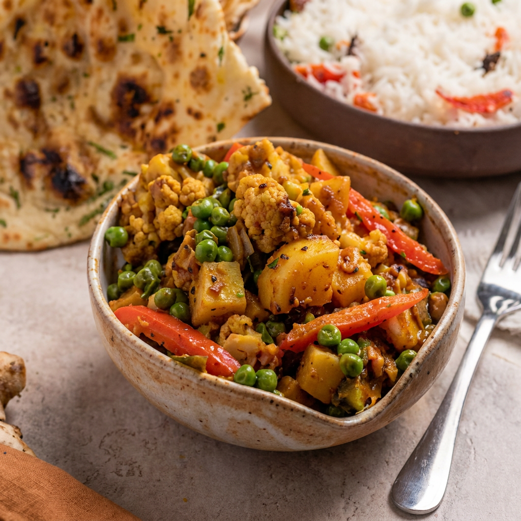 As três principais almas dessa receita são a batata, couve-flor e as ervilhas. cozido em molho de cebola e tomate com especiaria garam masala.