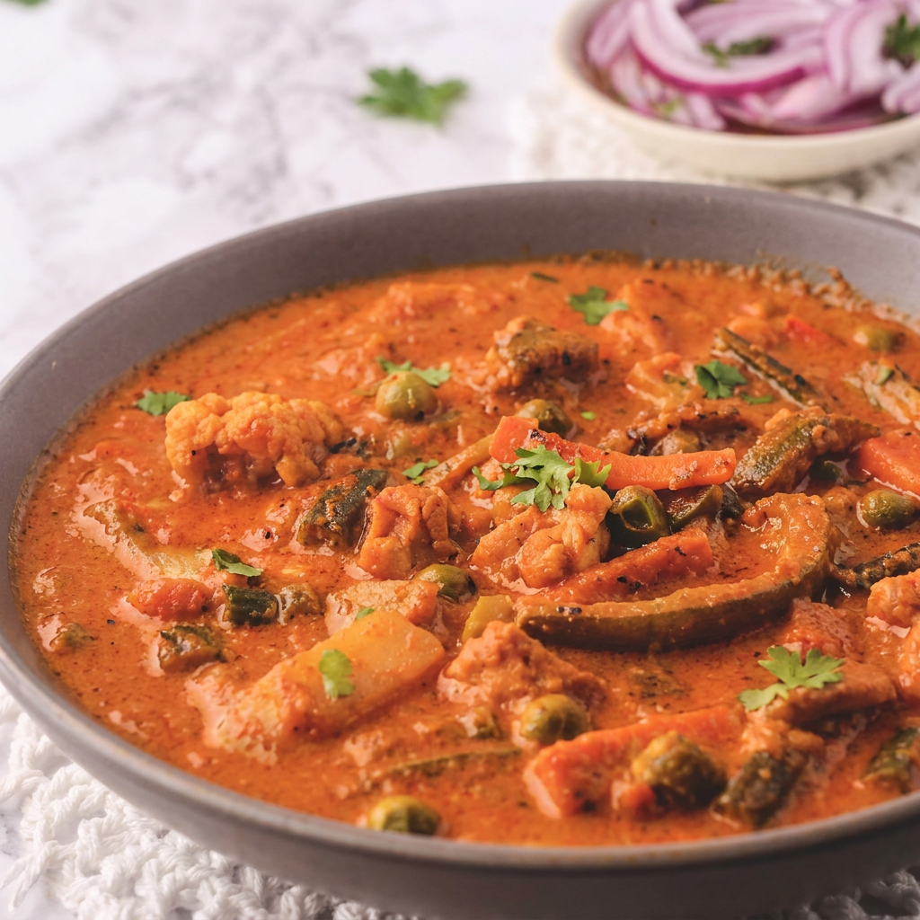 Receita favorita da nossa chef tatiana mendez, única brasileira que tem profundo conhecimento sobre culinária indiana e especiarias. Cubos de frango assado refogados com tomate, especiarias e finalizado com cebola frita.