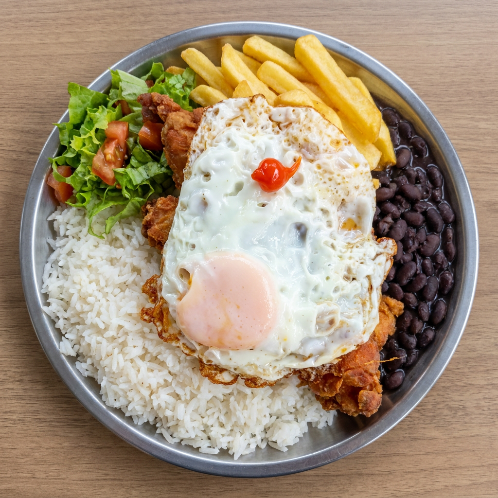140 gramas de frango a passarinho, acompanha arroz, fritas, ovo frito, feijão e salada.