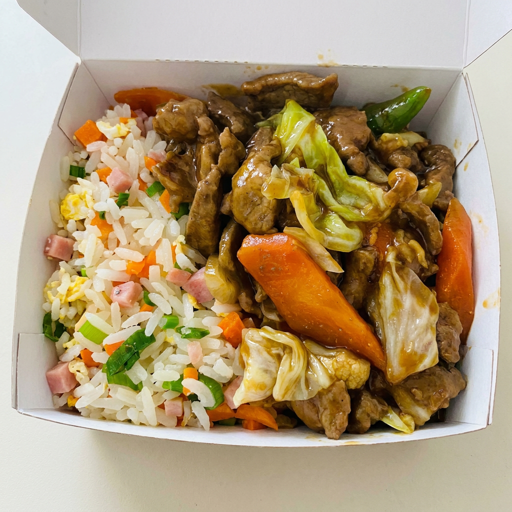 Carne bovina fatiada com especiarias é legumes( acelga, brócolis, cebola, cenoura , pimentões e repolho) e yakimeshi Importante: Não realizamos alterações de ingredientes , ao retirar algum ingrediente não garantimos o peso informado na descrição do prato. Agradecemos a compreensão