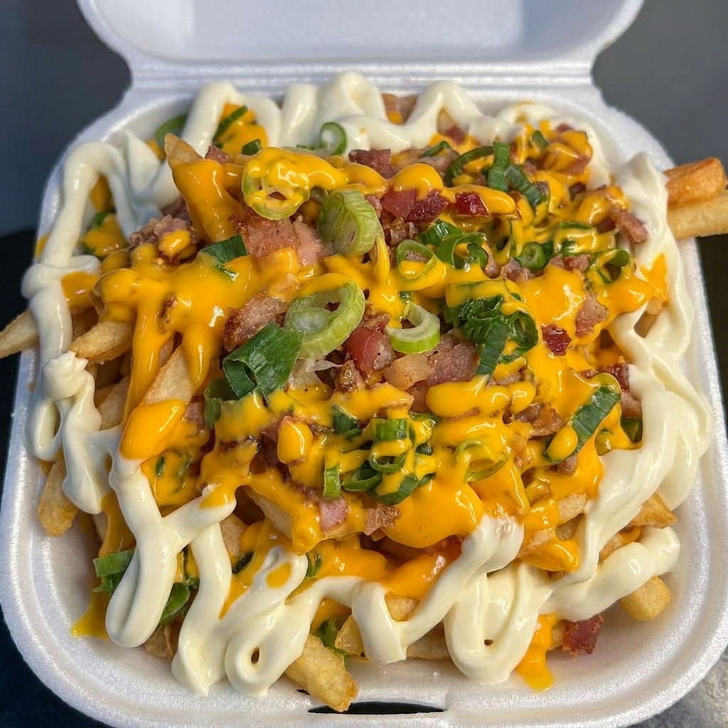 Porção de batata-frita grande com cheddar, bacon, cream cheese, cebolinha , aproximadamente 350gramas