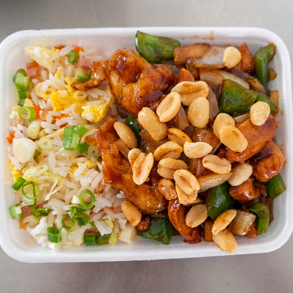1/2 Porção De Frango Xadrez 1/2 Porção De Arroz Yakimeshi Muito Sabor Na Mesma Embalagem