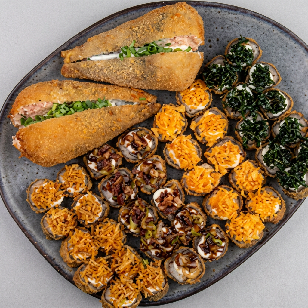 10 com Doritos, 10 com couve crispy, 10 com batata crispy, 10 com alho poró e 2 temakis empanados com creme cheese e cebolinha. Mandamos shoyu, tarê e hashi.
