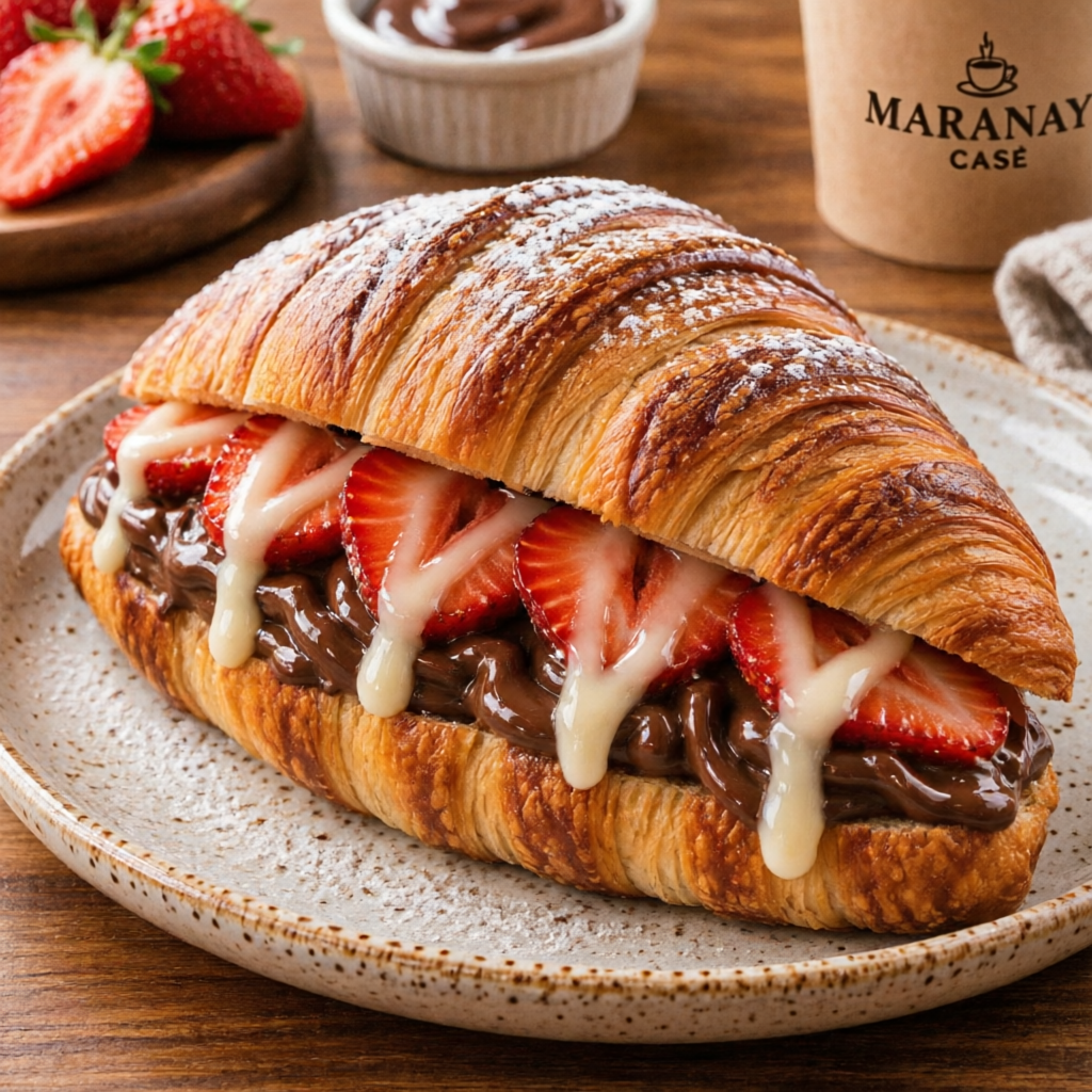 Croissant amanteigado recheado com chocolate, morango e leite condensado irresistível