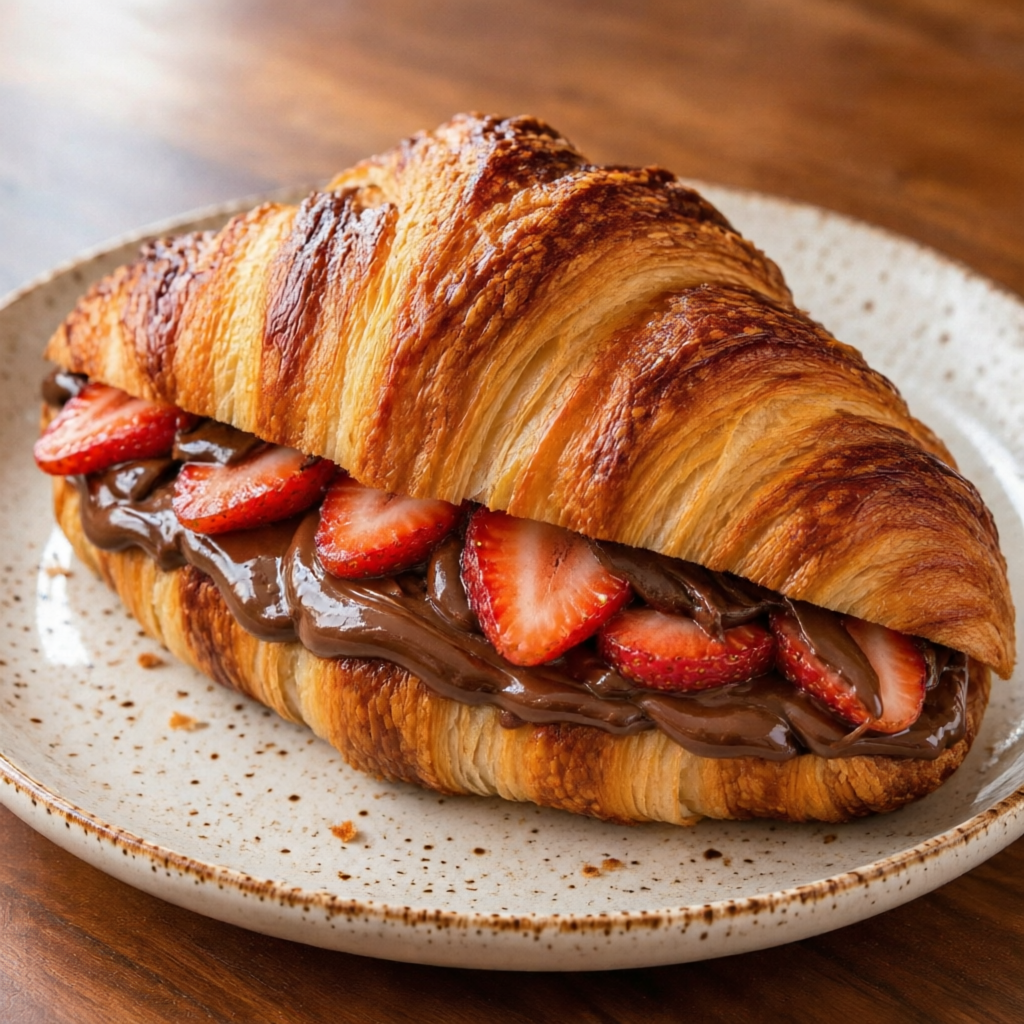 Croissant amanteigado recheado com chocolate cremoso e morangos frescos