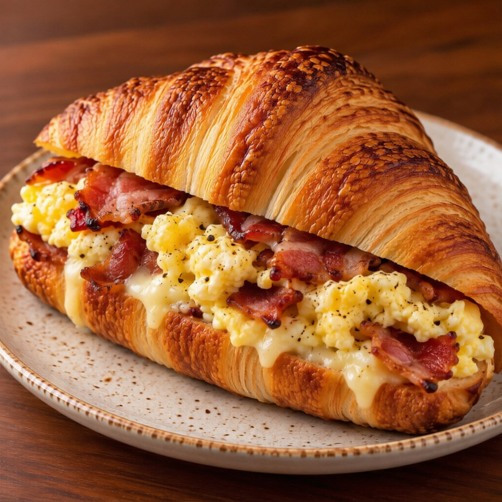 Ovos cremosos com bacon crocante no croissant amanteigado.