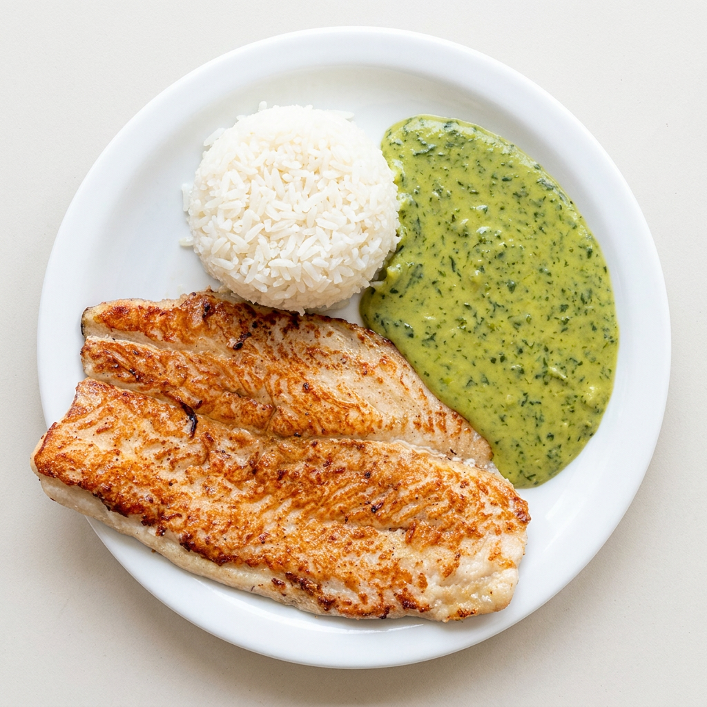 Filés de truta ao molho de espinafre. Acompanha arroz