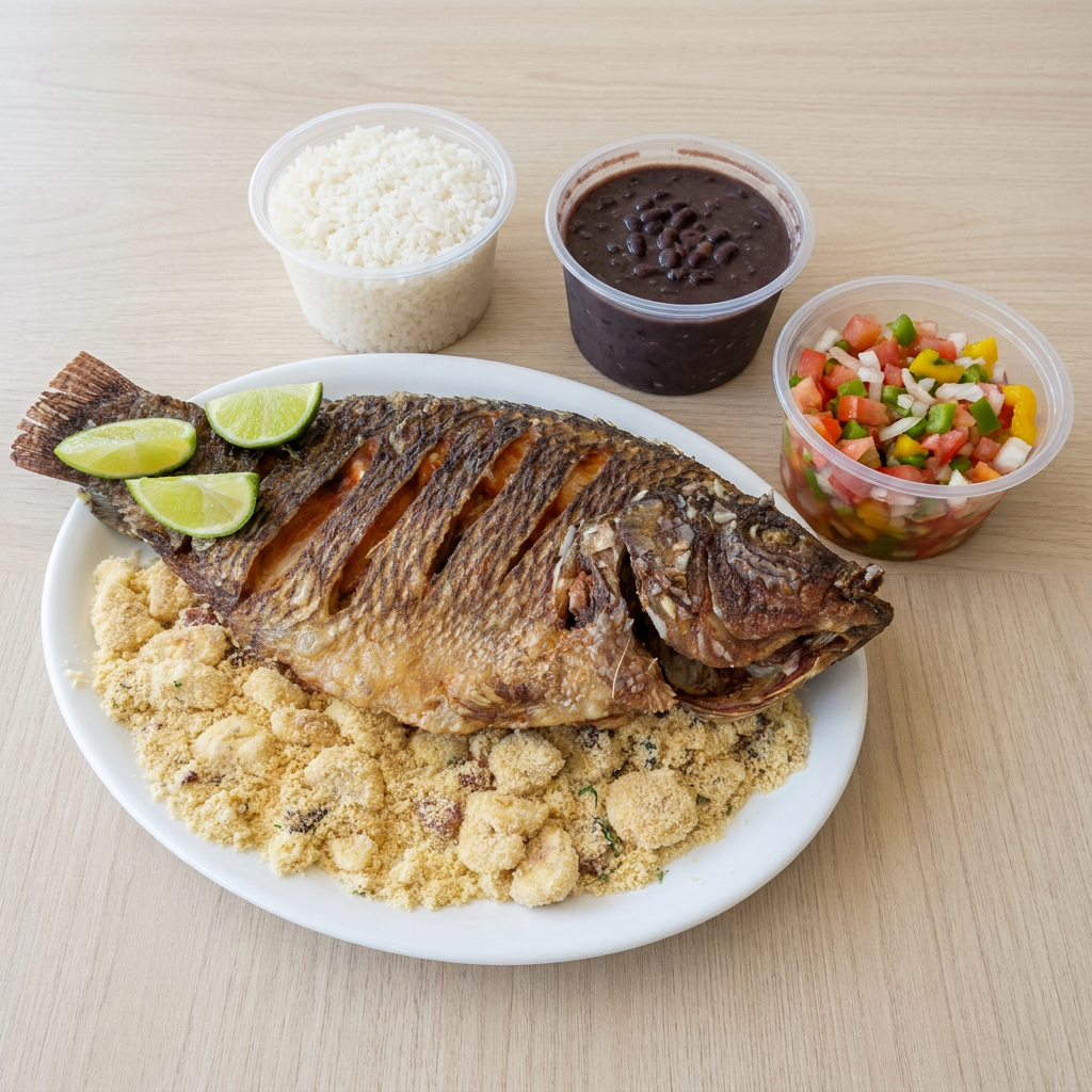 Tilápia inteira frita. Acompanha arroz, feijão, farofa de banana e vinagrete