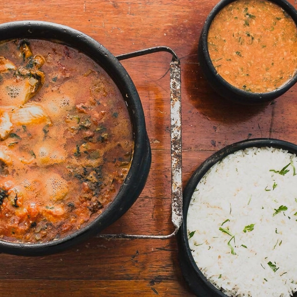 Moqueca de pintado à moda capixaba, acompanha arroz e pirão