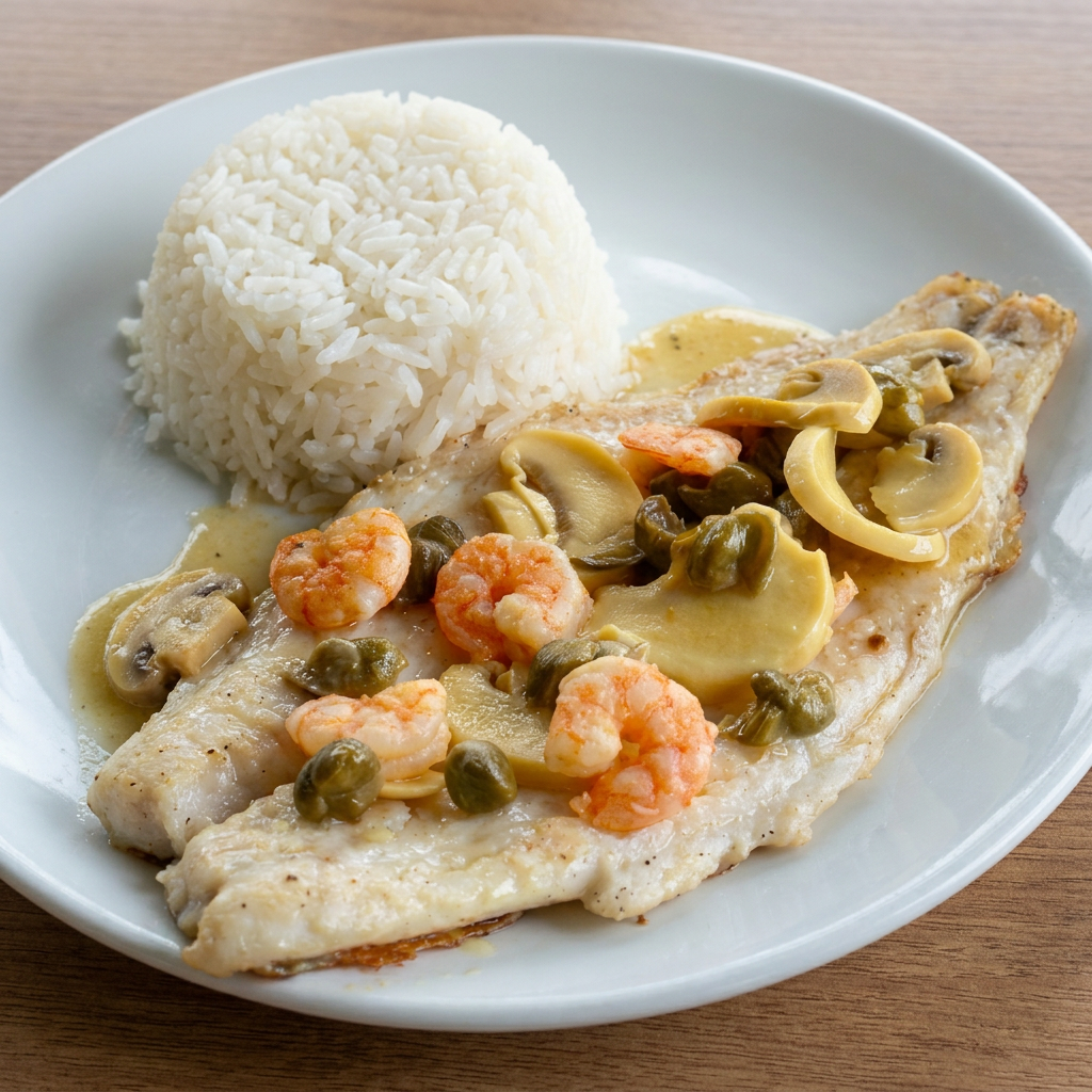 Filés de truta ao molho de alcaparras, champignon e camarões puxados na manteiga. Acompanha arroz