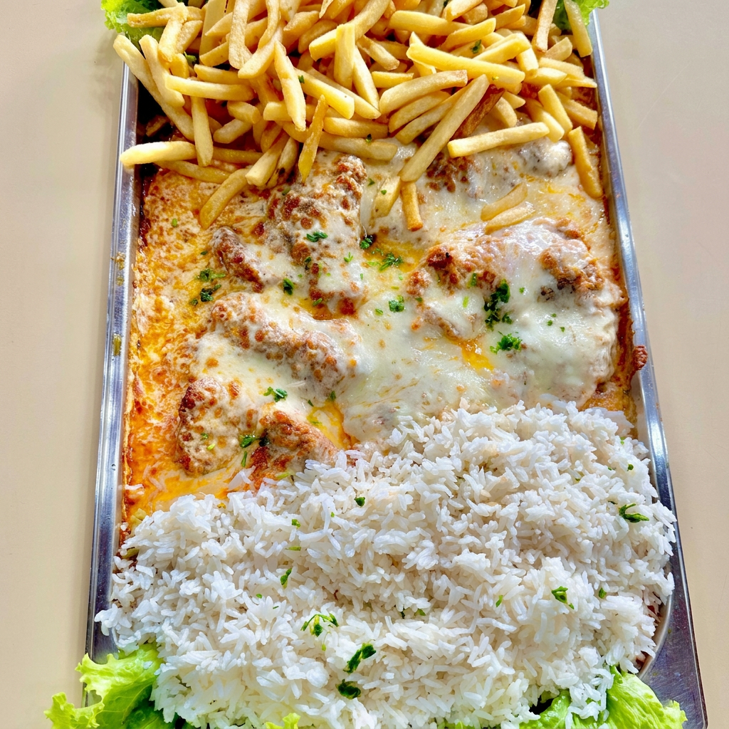 Acompanha arroz e fritas