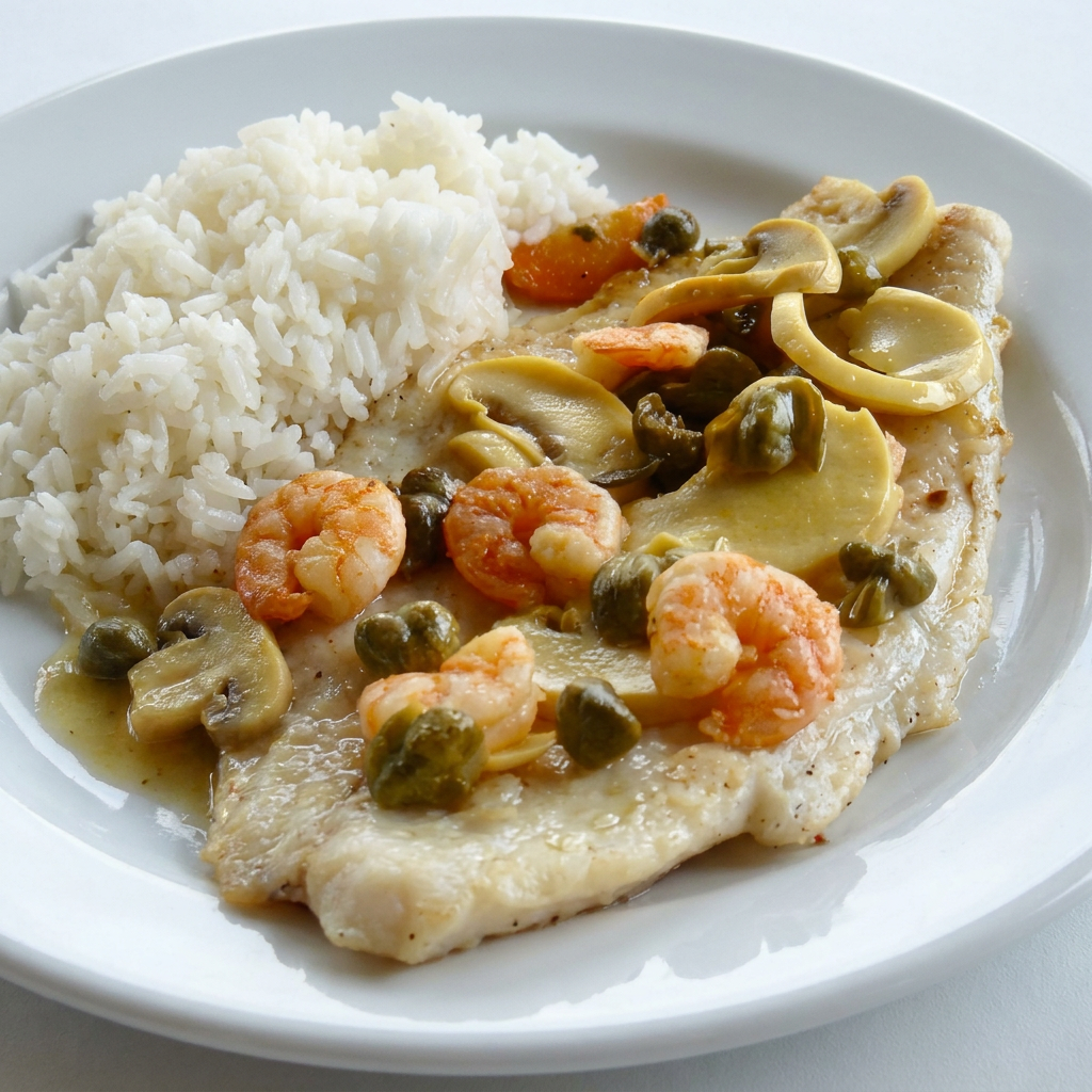 Filés de badejo ao molho de alcaparras, champignon e camarões puxados na manteiga. Acompanha arroz