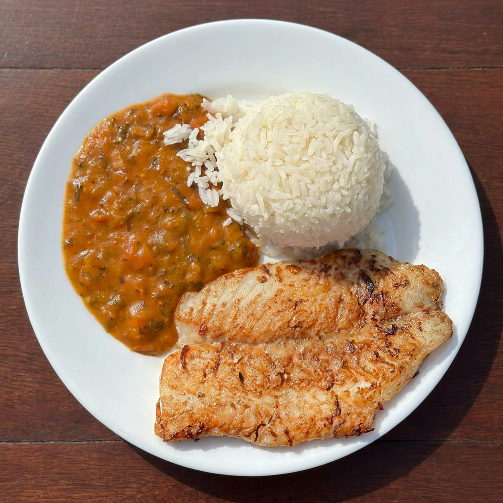 Filé de tilápia ao molho à moda baiana, arroz e fritas