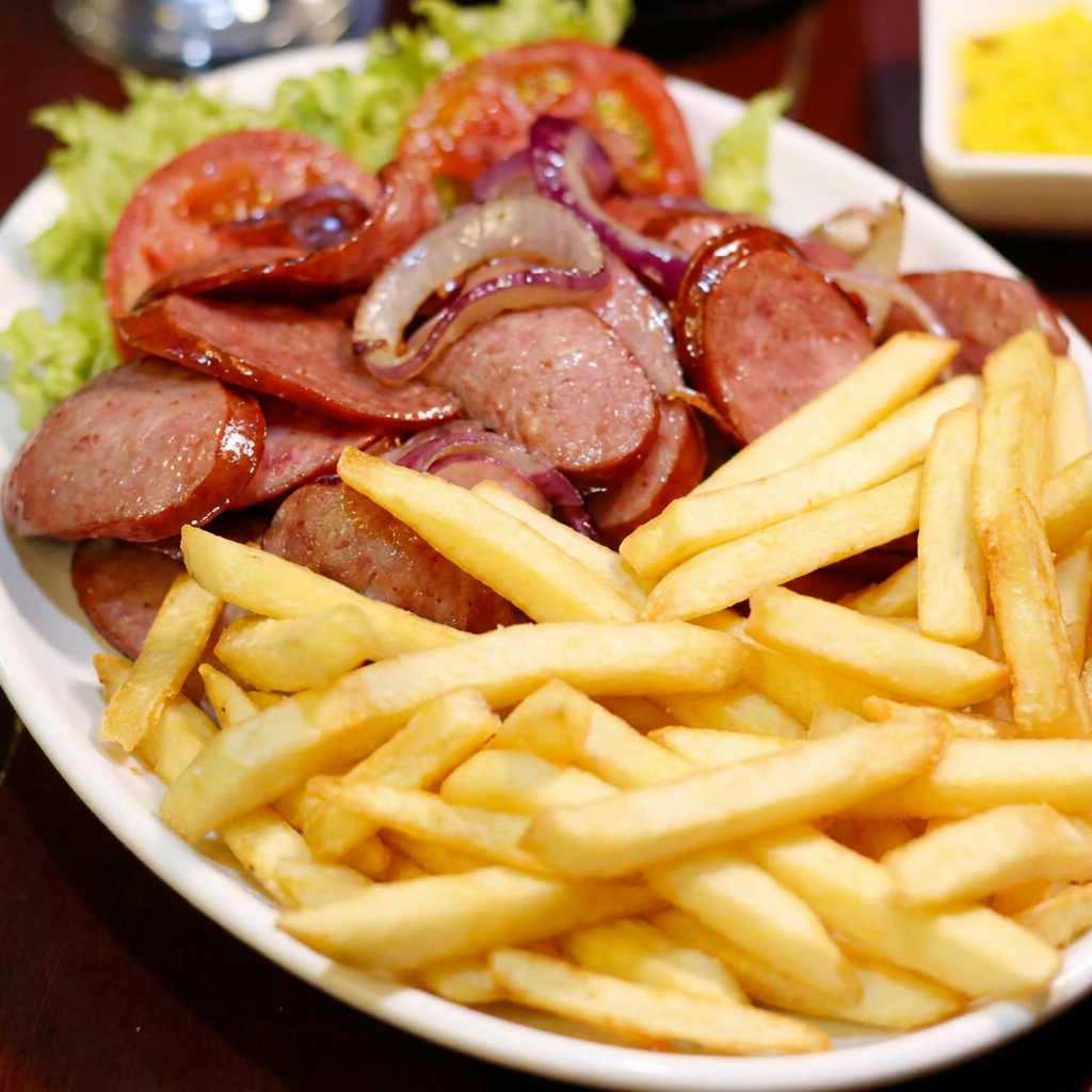 Calabresa acompanhada de batata frita, porção generosa para compartilhar.