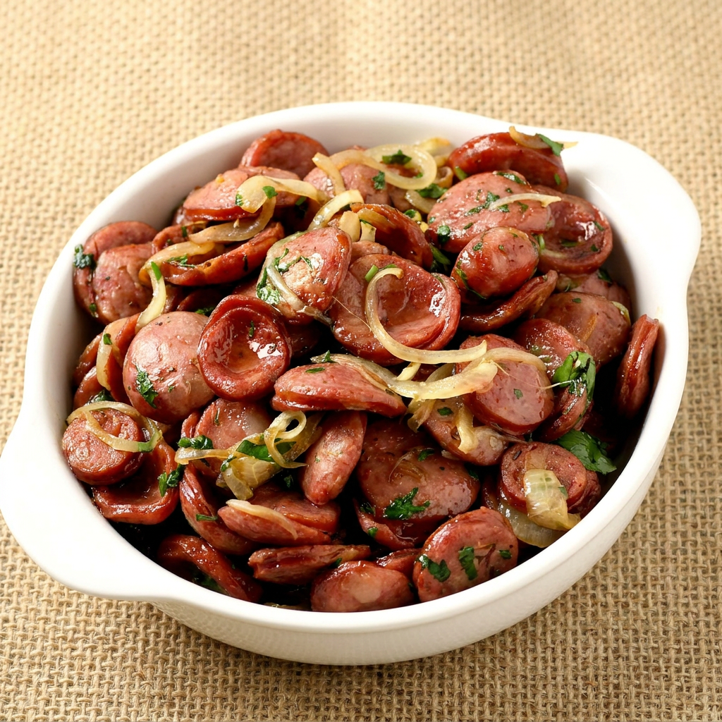 Calabresa acebolada, saborosa e no ponto certo para acompanhar a bebida.