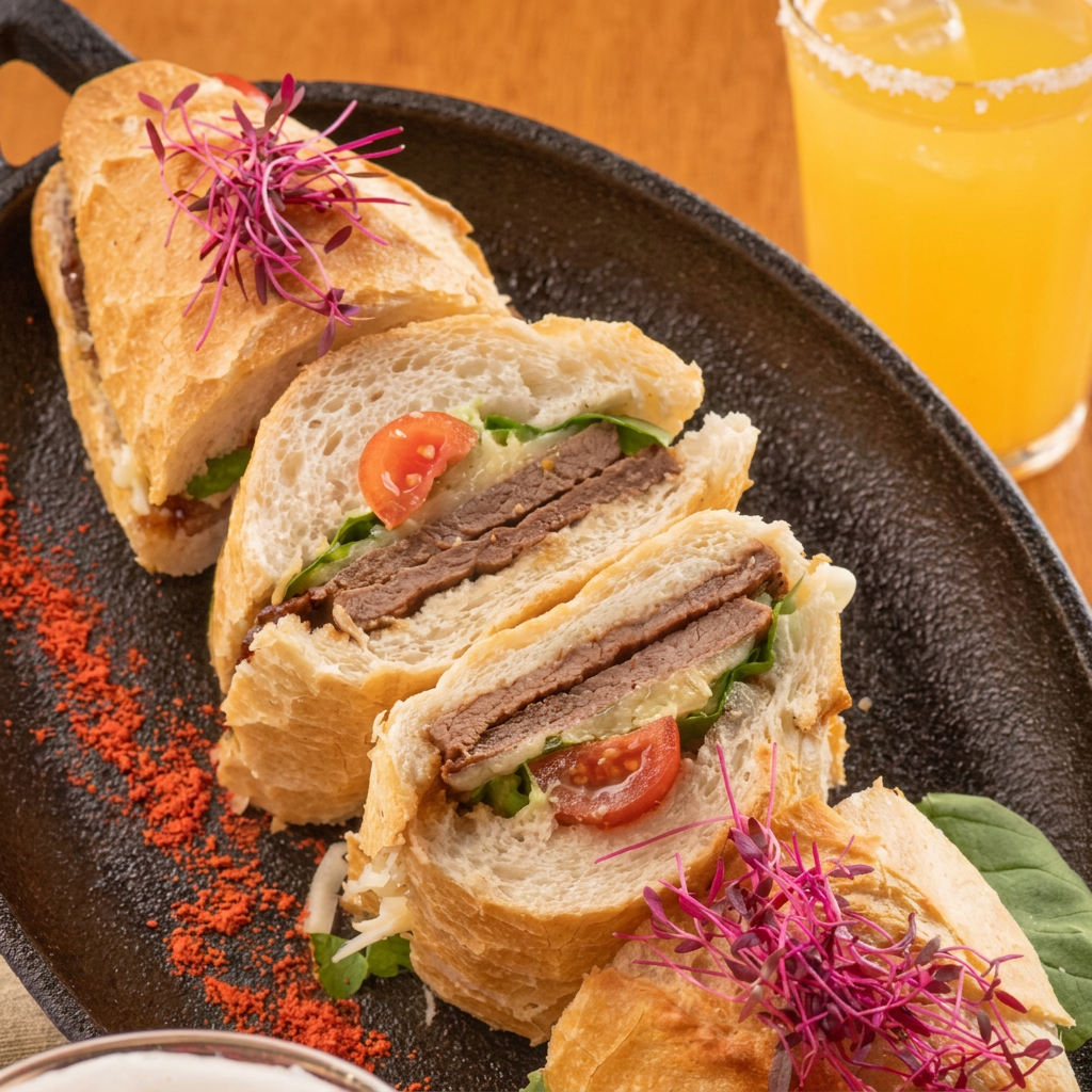 Pão baguete crocante recheado com filé de frango empanado, queijo derretido, rúcula fresca e tomate. Um sanduíche artesanal bem servido, crocante por fora, suculento por dentro e cheio de sabor.