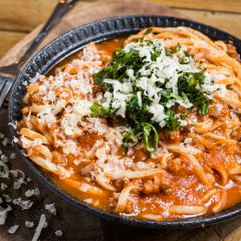 Spaghetti servido com molho à bolonhesa preparado com carne moída e molho de tomate, envolvendo a massa em uma combinação clássica e cheia de sabor. Um prato tradicional, com o toque especial da cozinha do Becco.