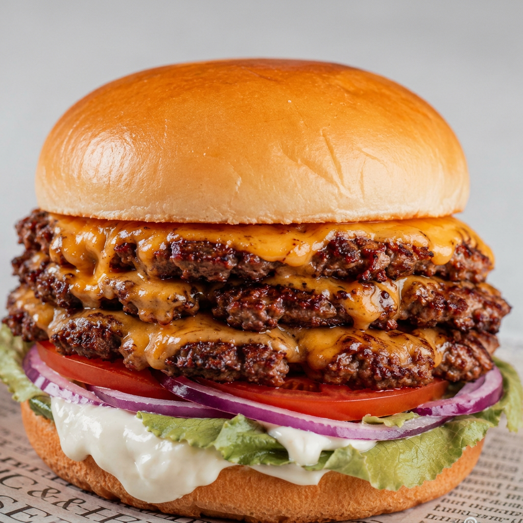 3 burgers smash com 50gr cada, queijo cheddar, alface, tomte, cebola roxa, maionese da casa, pão de smash.
