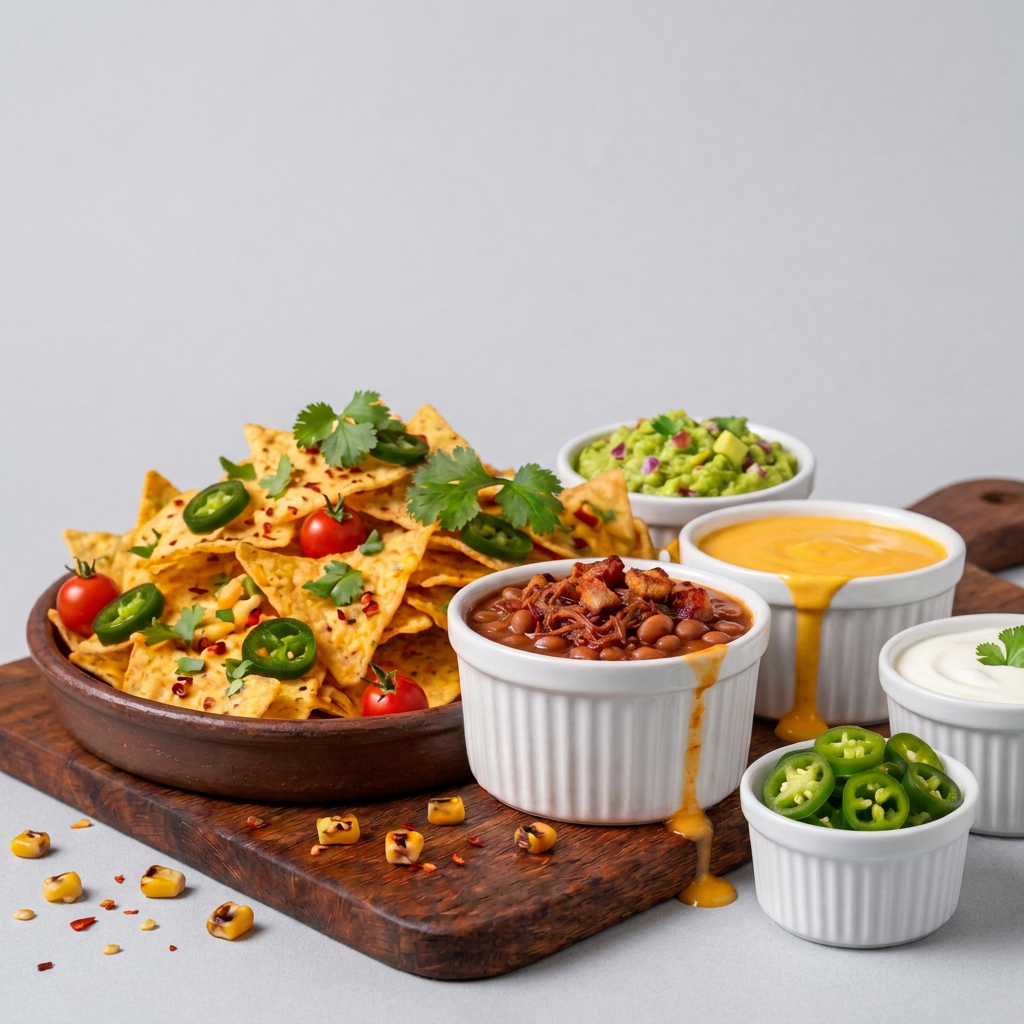 Porção de nachos para 2 a 3 pessoas, acompanha 120ml de queijo cheddar cremoso, 120ml de chilli beans, 120ml de guacamole, 120ml de sour cream e 120ml de pimenta habanero.