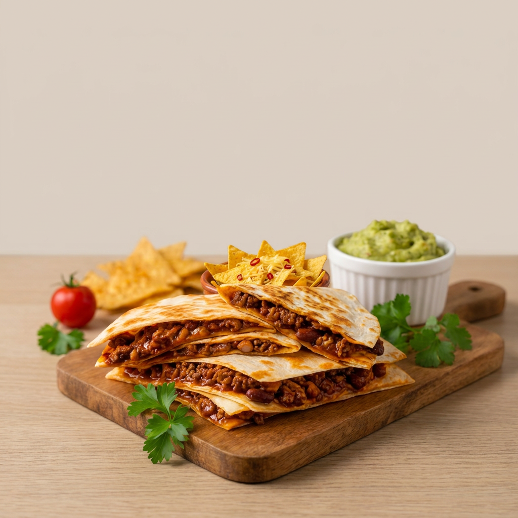 4 pedaços de quesadilhas de chilli, nachos individual e guacamole 120ml.