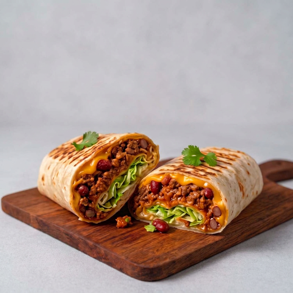 Feito na tortilha de trigo de 30cm, chilli beans (carne moída com feijão e especiarias mexicanas), queijo muçarela e alface americana.