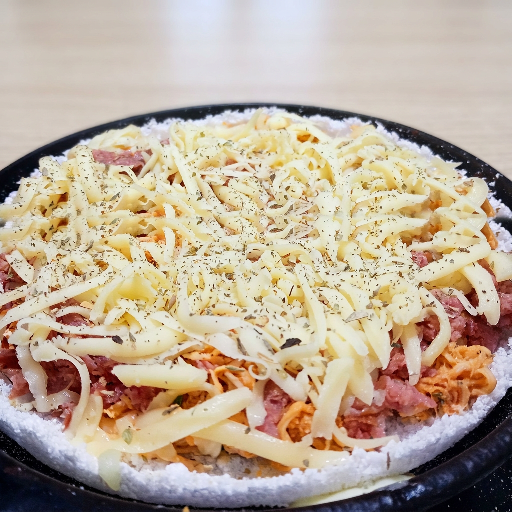 Frango, Calabresa, queijo, e orégano