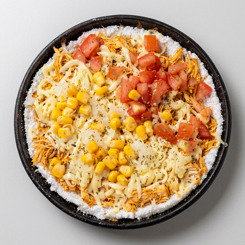Queijo, frango desfiado, tomate, cebola, milho e orégano