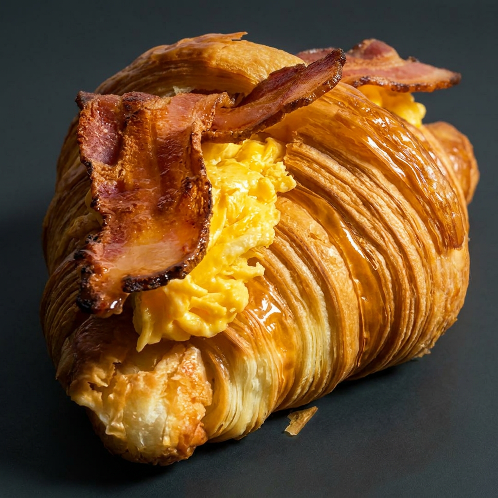 Croissant tradicional, recheado com ovos mexidos e bacon.
